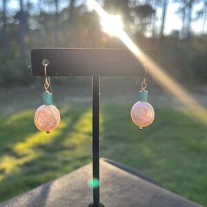 Real Freshwater Pearl and Turquoise Accent Drop Earrings